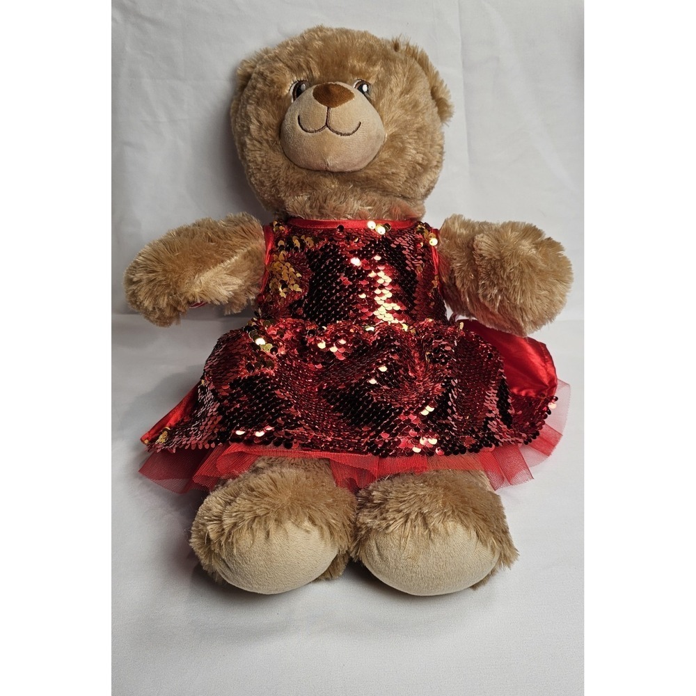 Build-A-Bear Workshop‎ Teddy Bear Plush w/ Red Gold Sequin Dress Tulle Skirt 16"